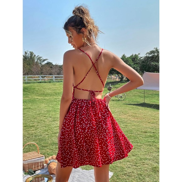 BohoGypsyDreamer.com Dresses & Skirts - Boho Backless Heart Print Crisscross Tie Back Cami Dress red